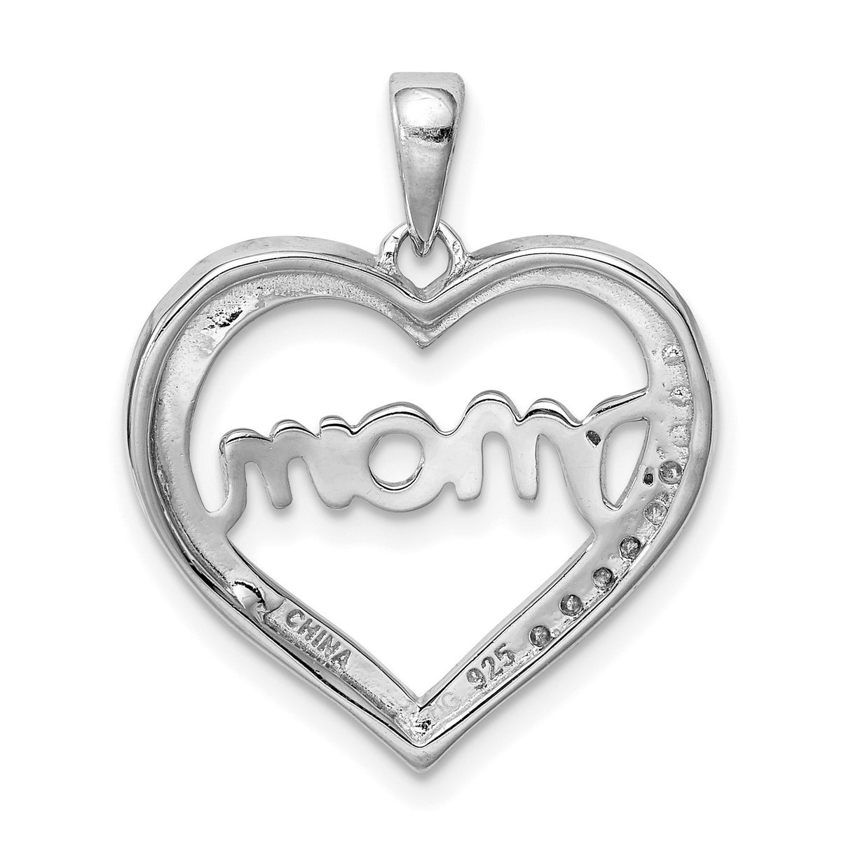 MOM CZ Heart Charm Pendant in Real 925 Sterling Silver