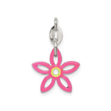 Sterling Silver Flower Charm with Pink Enamel and Yellow Center, Openwork Five-Petal Design