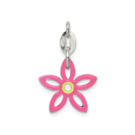 Sterling Silver Flower Charm with Pink Enamel and Yellow Center, Openwork Five-Petal Design