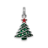 Sterling Silver Christmas Tree Pendant with Green Enamel and Red Star Holiday Charm