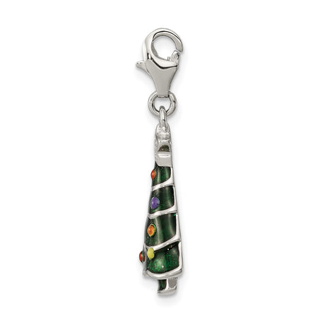 Sterling Silver Christmas Tree Charm with Cubic Zirconia and Green Enamel Holiday Theme