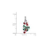 Sterling Silver Candy Cane Pendant with Red and Green Enamel Bow, Holiday Christmas Charm
