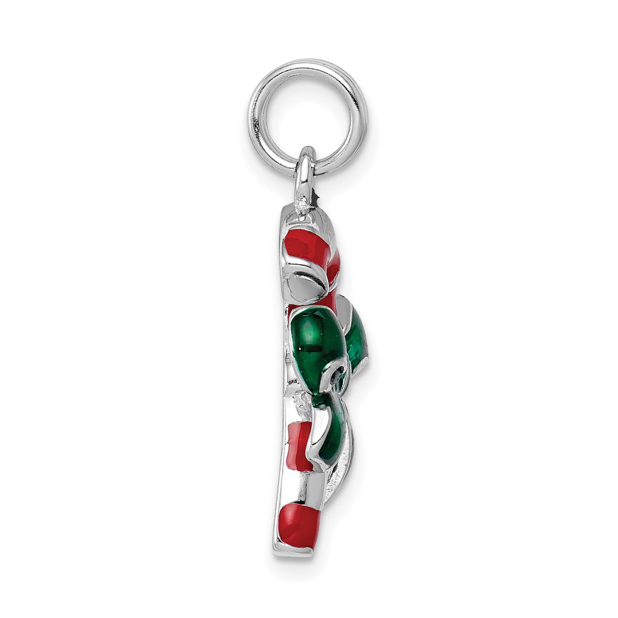 Sterling Silver Candy Cane Pendant with Red and White Enamel and Green Bow, Holiday Charm