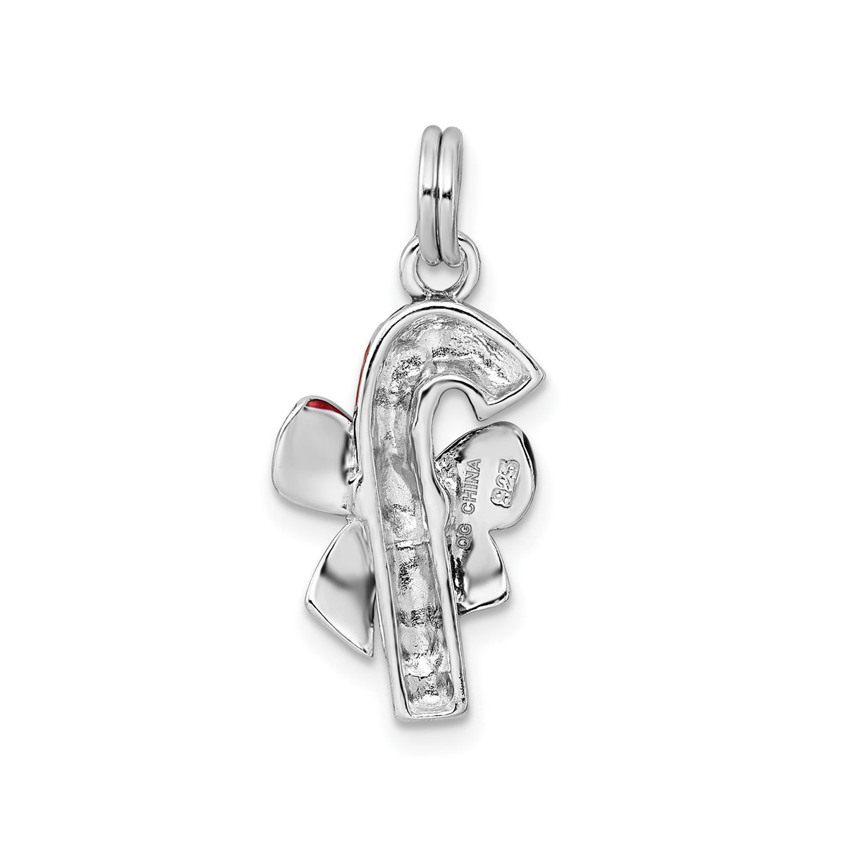 Sterling Silver Candy Cane Pendant with Red and White Enamel and Green Bow, Holiday Charm