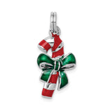 Sterling Silver Candy Cane Pendant with Red and White Enamel and Green Bow, Holiday Charm