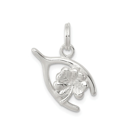 Sterling Silver Four Leaf Clover Pendant with Wishbone Design, Irish Luck Charm