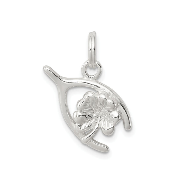 Sterling Silver Four Leaf Clover Pendant with Wishbone Design, Irish Luck Charm