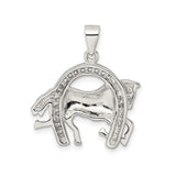 Sterling Silver Horse Pendant with Cubic Zirconia Horseshoe, Prancing Horse Equestrian Jewelry