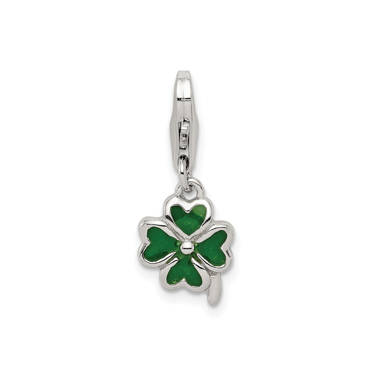 Sterling Silver Four-Leaf Clover Charm with Green Enamel, Irish Shamrock Lucky Talisman