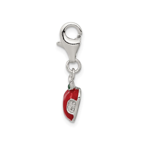 Sterling Silver Apple Charm Pendant with Red Enamel and Cubic Zirconia Leaf Detail