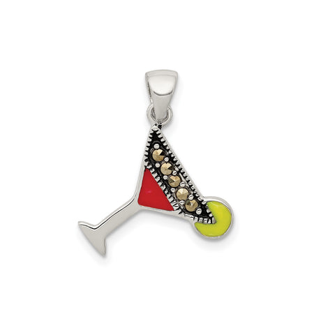 Sterling Silver Martini Pendant with Marcasite and Colorful Enamel Accents
