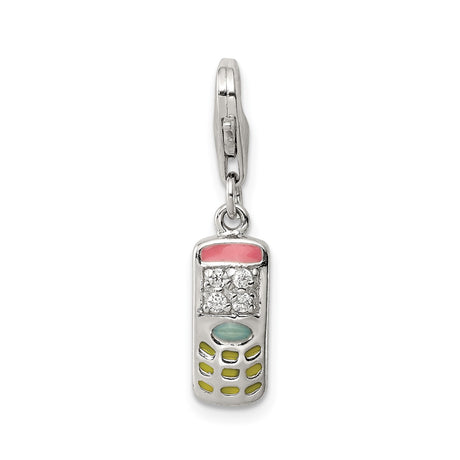 Sterling Silver Cell Phone Pendant with Colorful Enamel and Cubic Zirconia, Retro Vintage Style