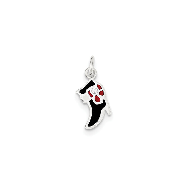 Sterling Silver Cowboy Boot Pendant with Black and Red Enamel, Western Charm for Women