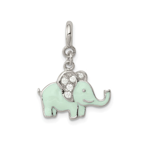 Sterling Silver Elephant Pendant with Light Green Enamel and Cubic Zirconia Accents