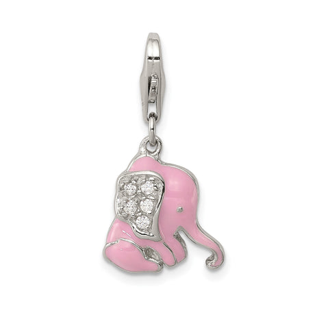 Sterling Silver Baby Elephant Charm with Pink Enamel and Cubic Zirconia Accents