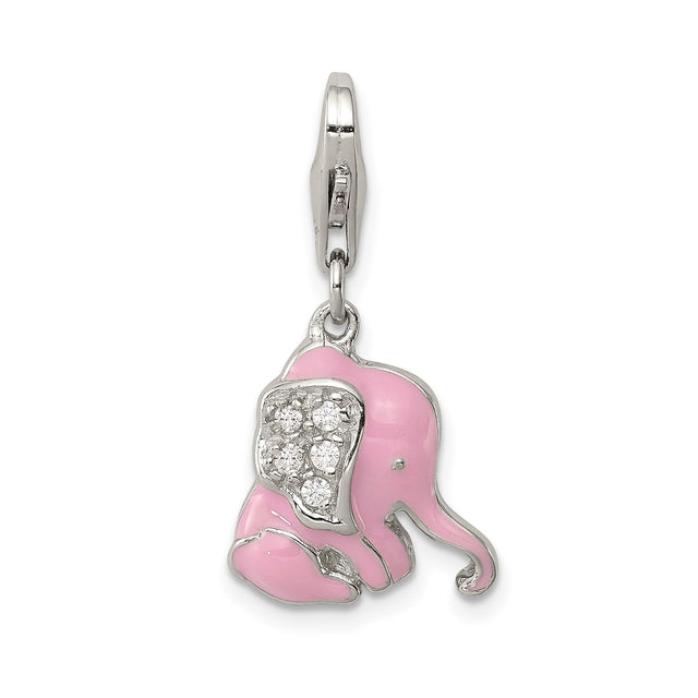 Sterling Silver Baby Elephant Charm with Pink Enamel and Cubic Zirconia Accents