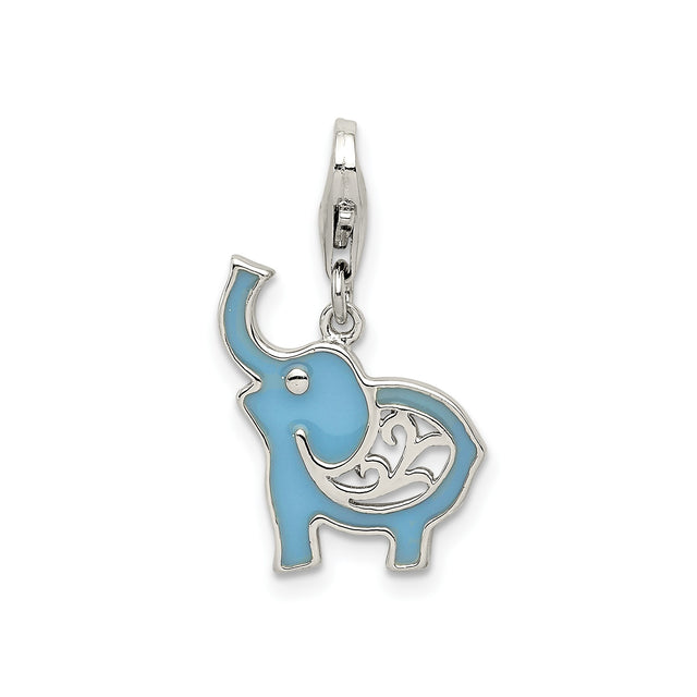 Sterling Silver Elephant Charm Pendant with Light Blue Enamel and Filigree Detail