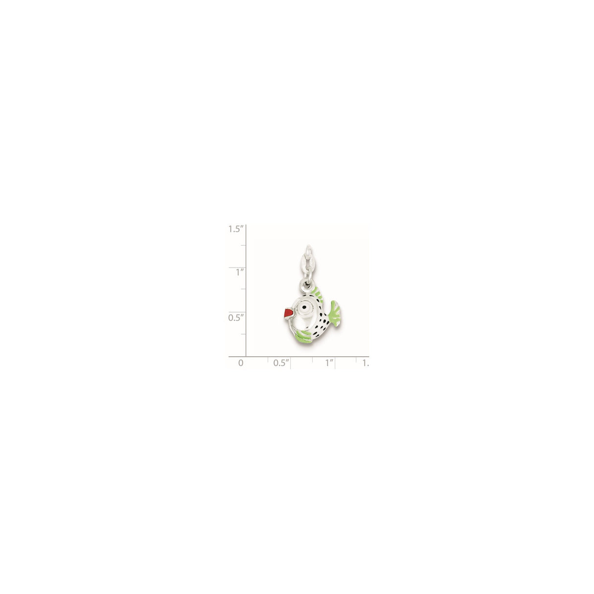 Sterling Silver Fish Charm with Green Fins and Black Spots, Whimsical Ocean Theme Pendant