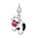 Sterling Silver Cow Charm Pendant with Enamel Black Spots and Pink Snout, Whimsical Farm Animal Design