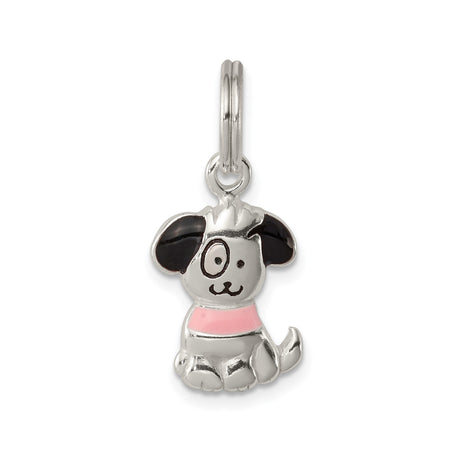 Sterling Silver Puppy Charm Pendant with Pink Collar and Black Ears, Cute Dog Jewelry for Girls