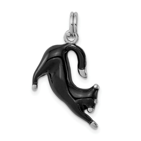 Black Enamel Cat Charm Pendant in Real 925 Sterling Silver