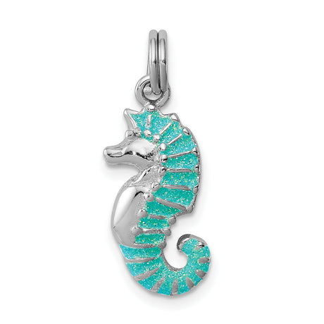 Aqua Green Glitter Seahorse Charm Pendant in Real 925 Sterling Silver