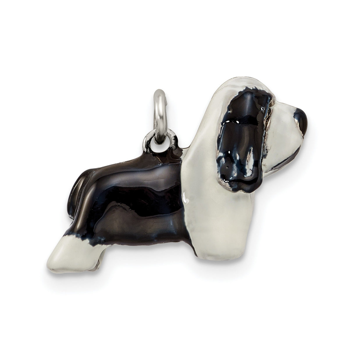 Sterling Silver Basset Hound Dog Charm Pendant with Black and White Enamel for Women