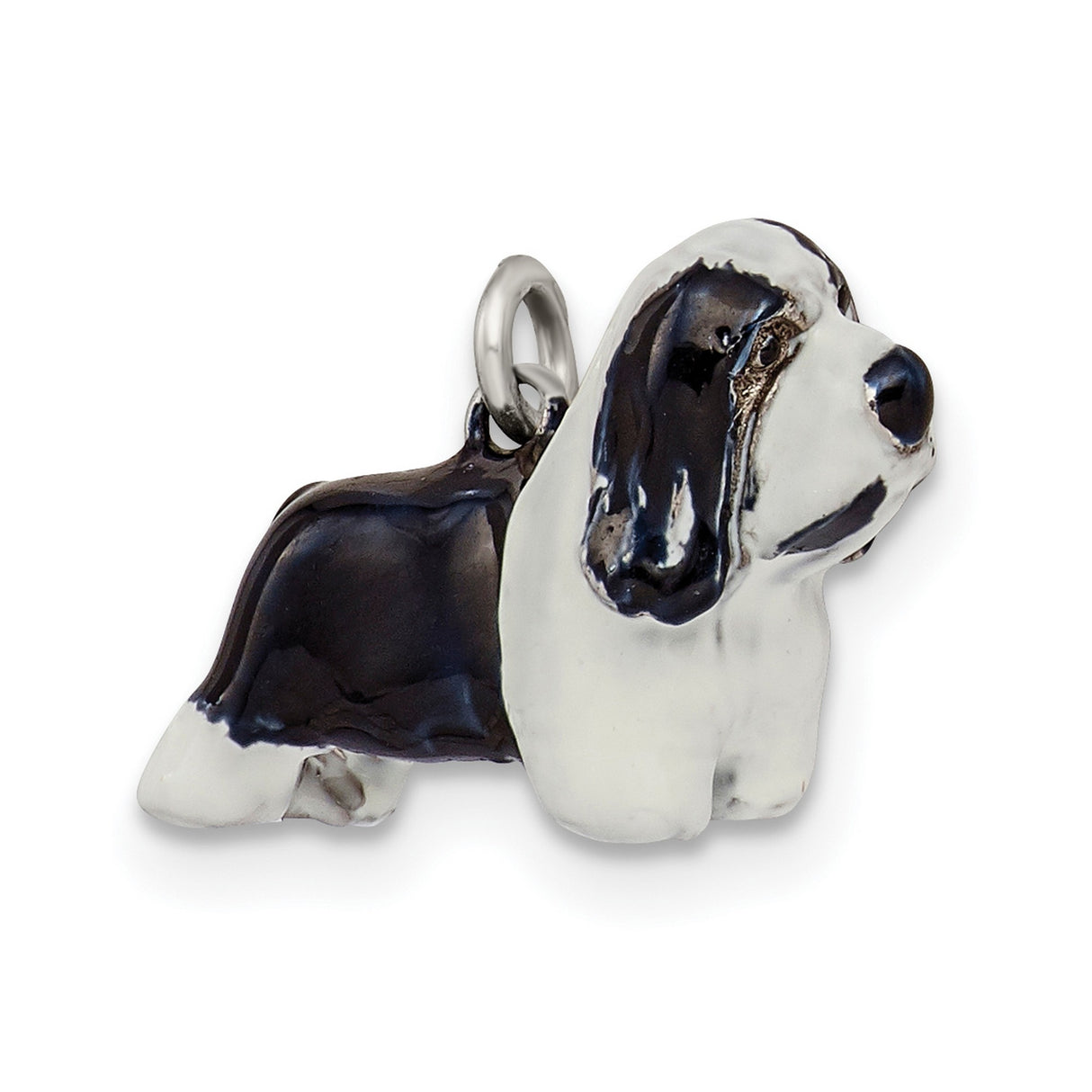 Sterling Silver Basset Hound Dog Charm Pendant with Black and White Enamel for Women