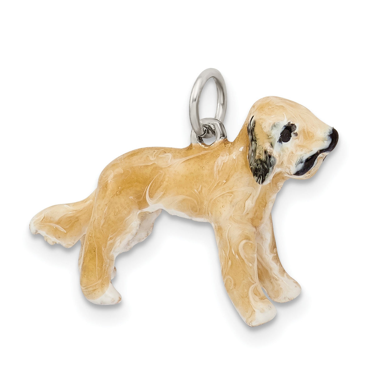 Sterling Silver Dog Charm Pendant with Hand Painted Enamel, Tan and White Dog Design