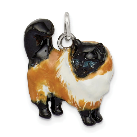 Enameled Calico Cat Charm Pendant in Real 925 Sterling Silver