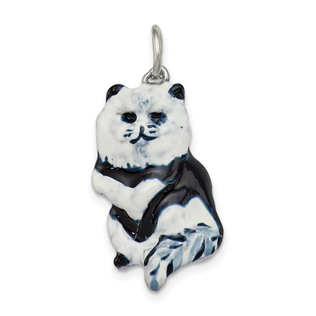 Enameled Black and White Cat Charm Pendant in Real 925 Sterling Silver