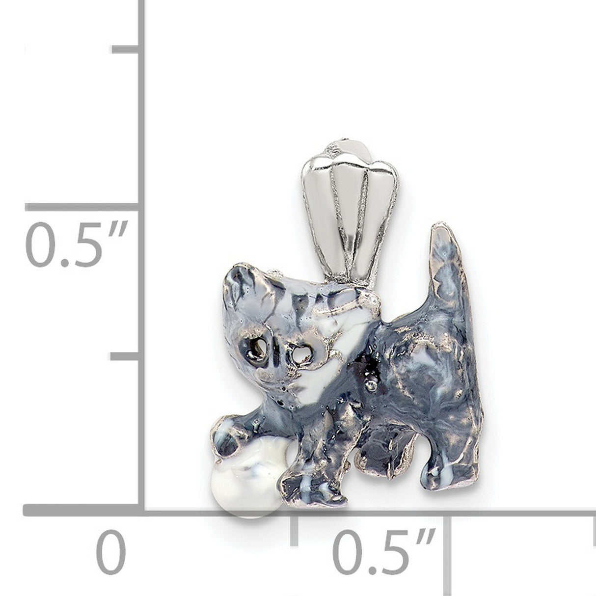 Enamel Grey and White Cat playing with Ball Charm Pendant in Real 925 Sterling Silver