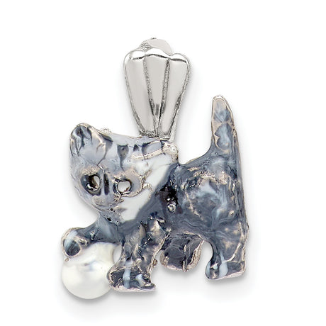 Enamel Grey and White Cat playing with Ball Charm Pendant in Real 925 Sterling Silver