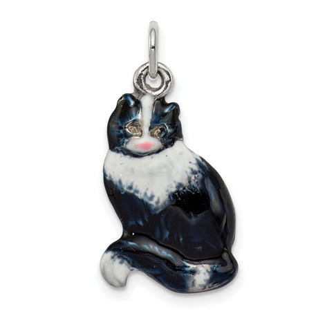Enamel Black and White Cat Charm Pendant in Real 925 Sterling Silver