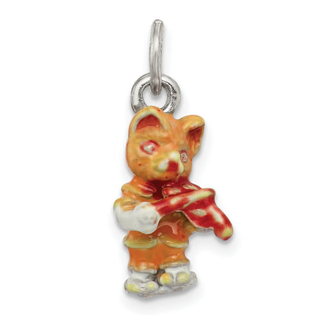 Hand Painted Cat Playing the Violin Charm Pendant in Real 925 Sterling Silver