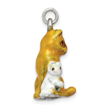 Enamel Mom and Kitten Cat Charm Pendant in Real 925 Sterling Silver
