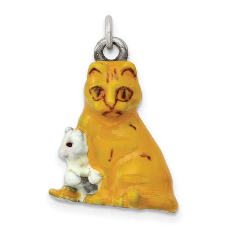 Enamel Mom and Kitten Cat Charm Pendant in Real 925 Sterling Silver