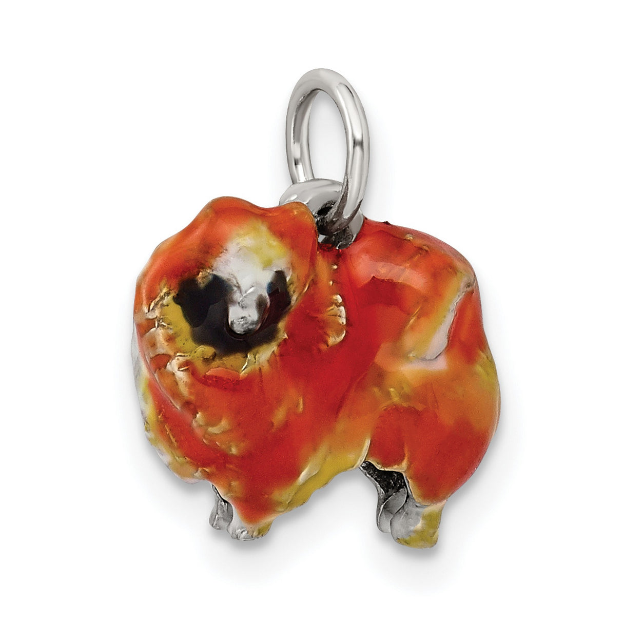 Sterling Silver Charm Pendant, Pomeranian Dog with Red and Yellow Enamel, Hand Painted Pet Jewelry
