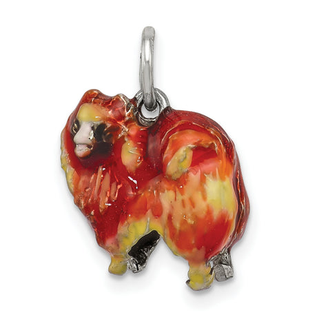 Sterling Silver Charm Pendant, Pomeranian Dog with Red and Yellow Enamel, Hand Painted Pet Jewelry