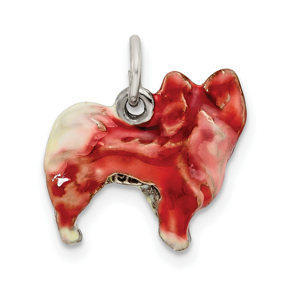 Sterling Silver Dog Charm Pendant, Pomeranian Design with Red Enamel for Pet Lovers