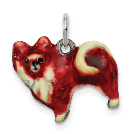 Sterling Silver Dog Charm Pendant, Pomeranian Design with Red Enamel for Pet Lovers