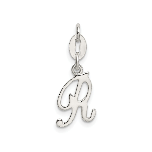Sterling Silver Script Initial R Pendant, Polished Cursive Letter Charm for Women