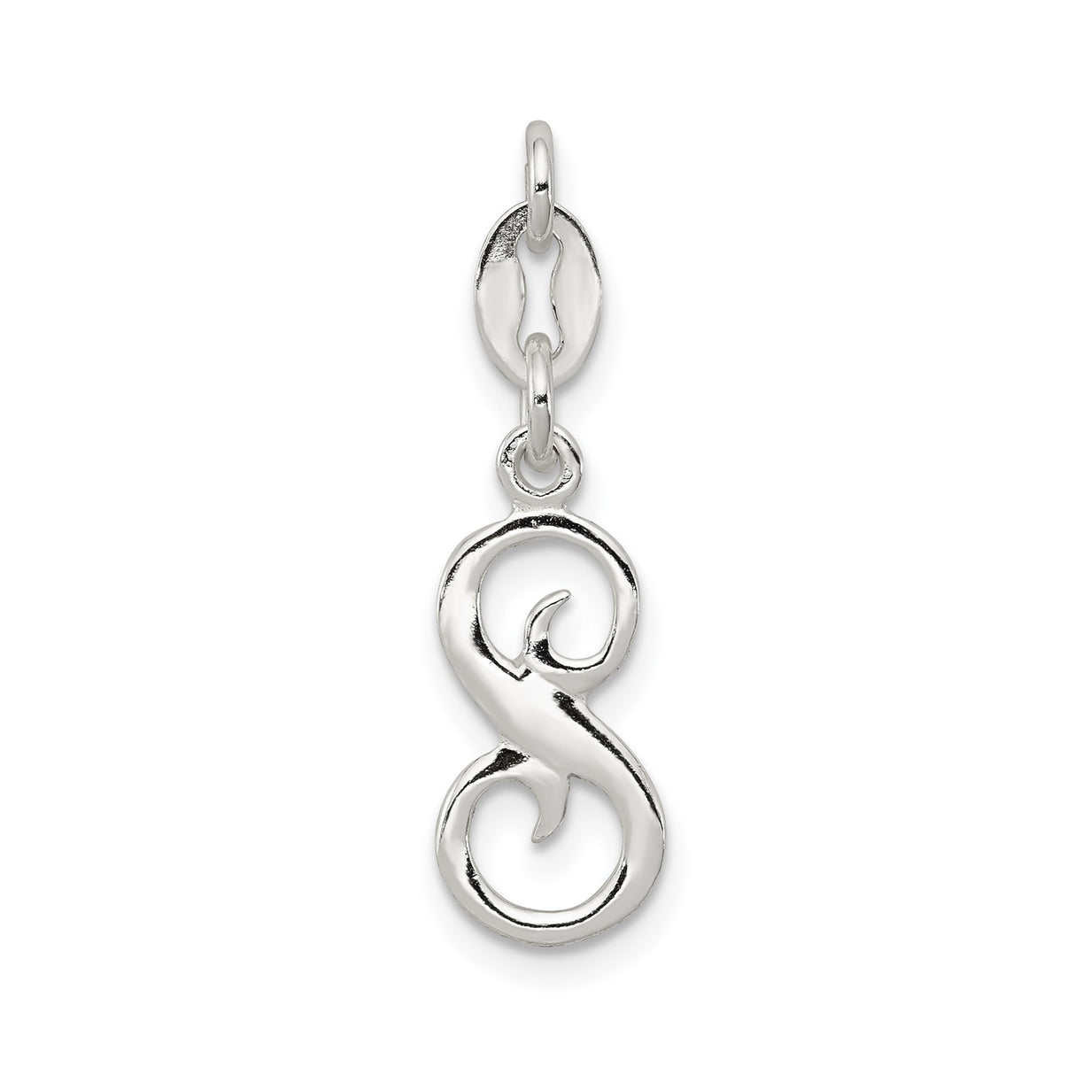 Sterling Silver Letter S Pendant, Polished Script Initial Charm for Necklace or Bracelet