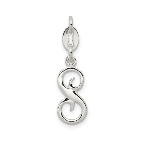 Sterling Silver Letter S Pendant, Polished Script Initial Charm for Necklace or Bracelet