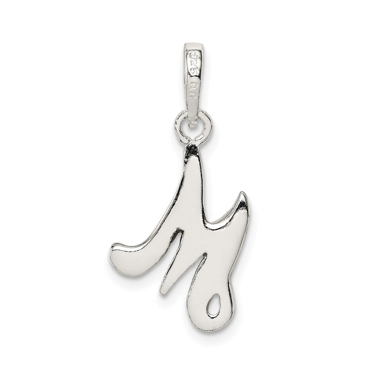 Sterling Silver M Pendant, Script Letter Charm with Polished Cursive Design for Women
