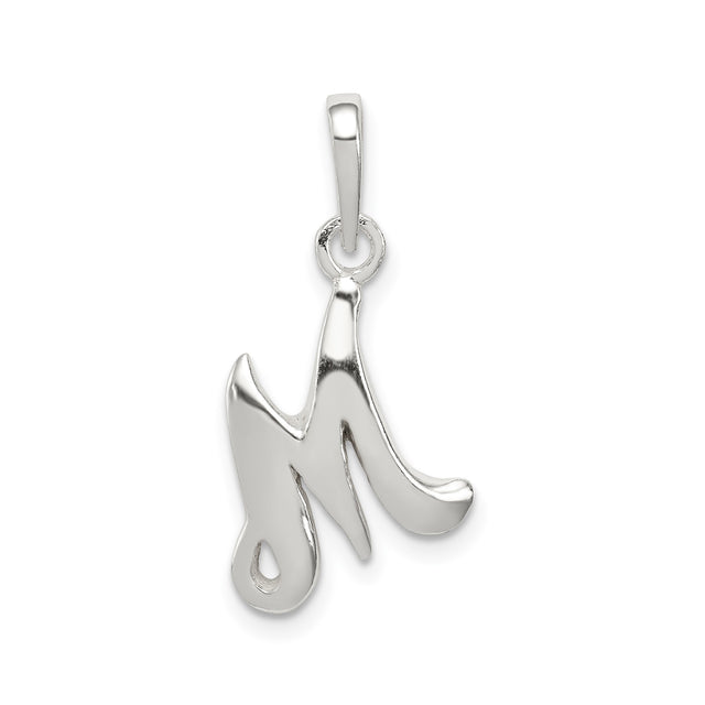 Sterling Silver M Pendant, Script Letter Charm with Polished Cursive Design for Women