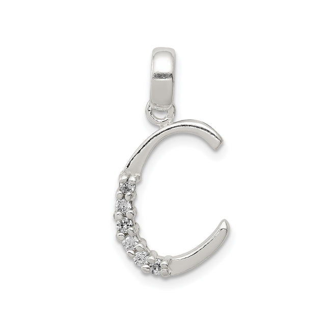 Sterling Silver Initial C Pendant with Cubic Zirconia, Script Letter Charm for Women
