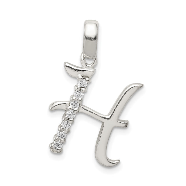 Sterling Silver Letter H Pendant with Cubic Zirconia Accents, Polished Initial Charm