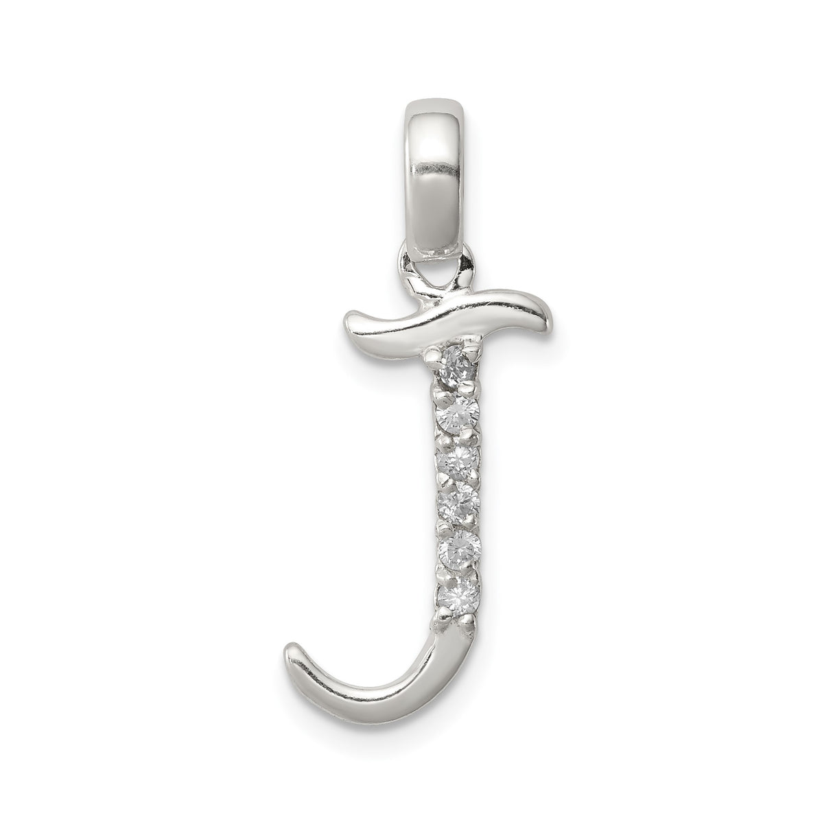 Sterling Silver Initial J Pendant with Cubic Zirconia, Polished Monogram Letter Charm