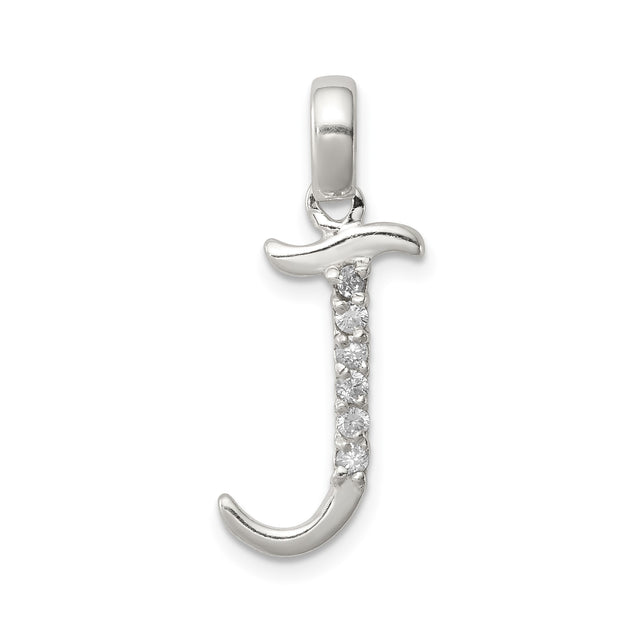 Sterling Silver Initial J Pendant with Cubic Zirconia, Polished Monogram Letter Charm
